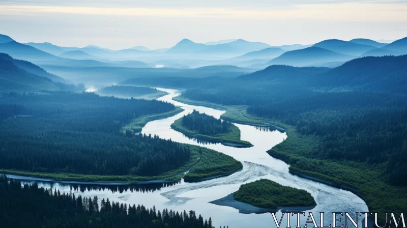 Aerial View of a Serene River Flowing Through a Majestic Mountain Range AI Image