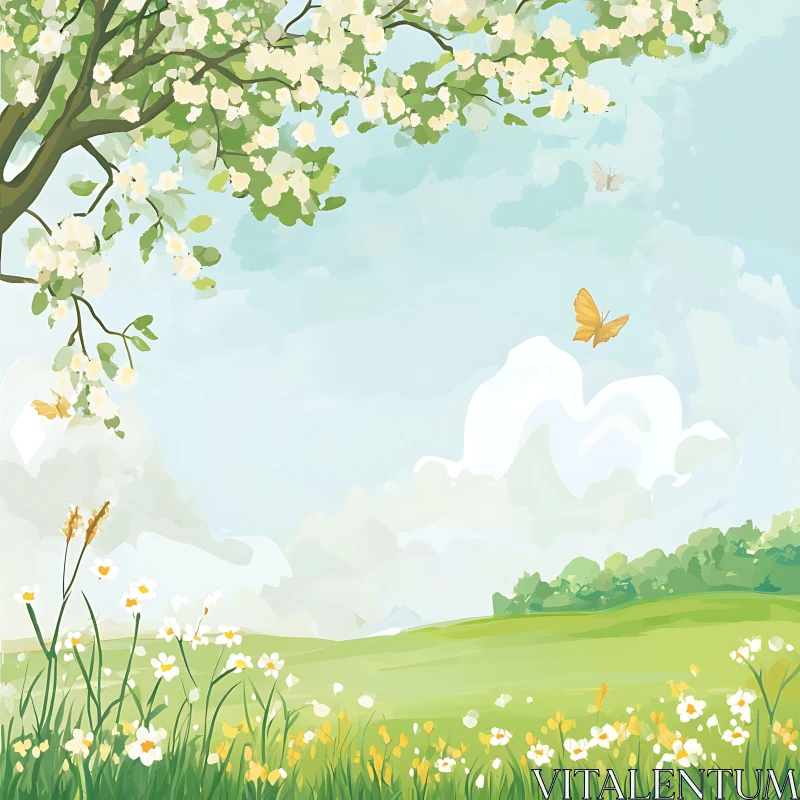 AI ART Spring Meadow Scene with Butterflies