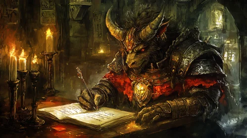 Armored Minotaur Writing by Candlelight