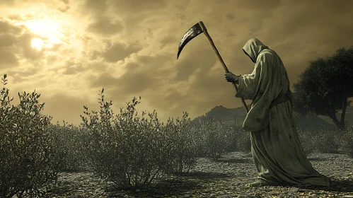 Hooded Figure with Scythe in Field