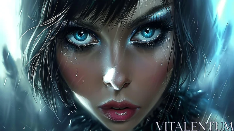 Captivating Portrait of a Woman with Blue Eyes and Dark Hair AI Image