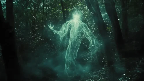 Ghostly Figure in Dark Woodland