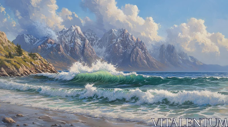 AI ART Majestic Mountain Coastline with Crashing Waves