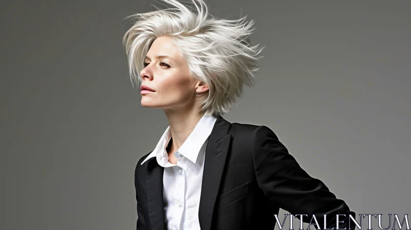 Confident Woman with Stylish Short Haircut in White Shirt and Black Jacket AI Image