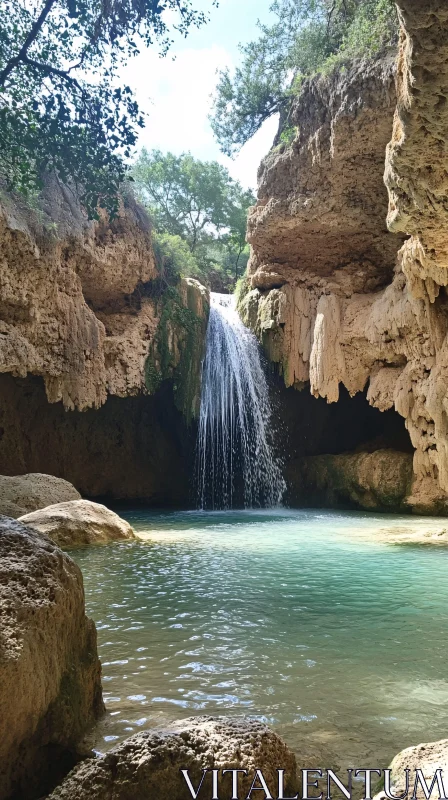 AI ART Serene Cascade Waterfall into Clear Pool