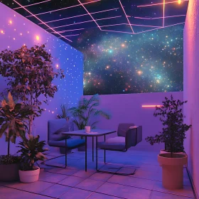 Starry Interior: Neon Lit Space with Plants