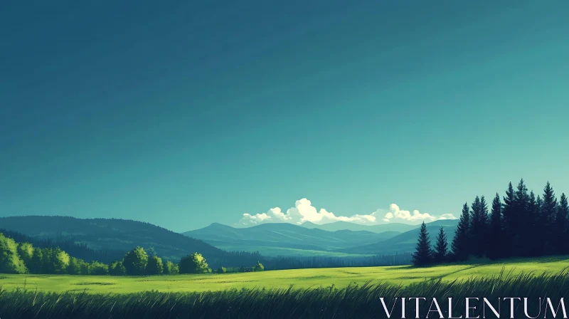 AI ART Green Field and Mountains Under Blue Sky