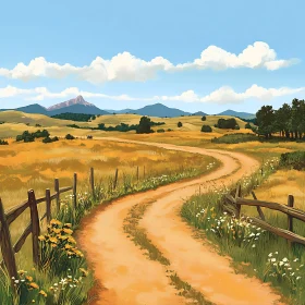 Rural Landscape with Dirt Road and Mountains