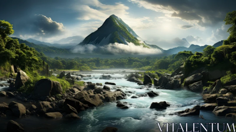 Ethereal Fantasy Art: Mountain River Scene AI Image