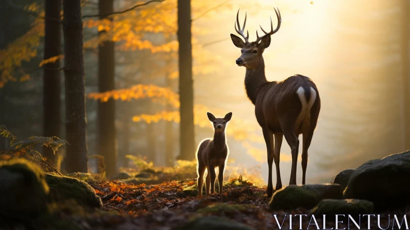 Mesmerizing Forest Scene with Deer and Newborn at Sunset AI Image