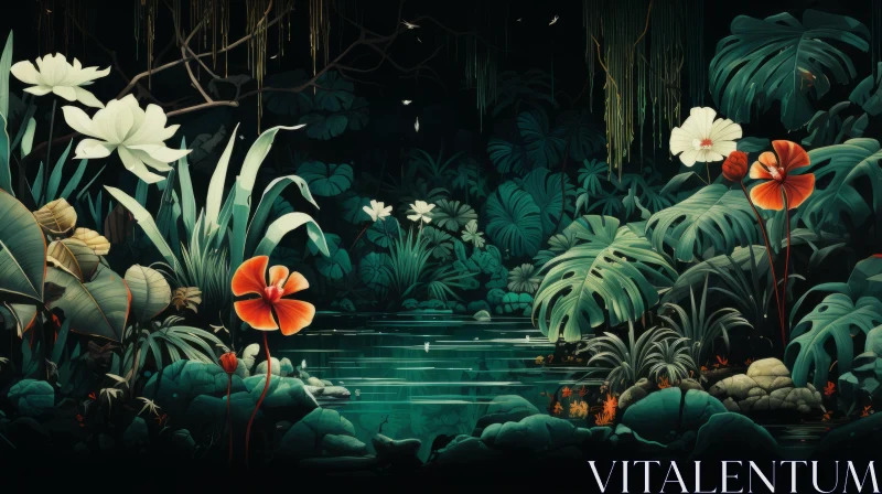 Monochromatic Jungle Mural: An Artistic Night Scene AI Image