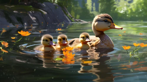 Realistic Nature Illustration of Ducks Swimming in a Lake