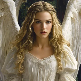 Angel in White Dress with Feathered Wings