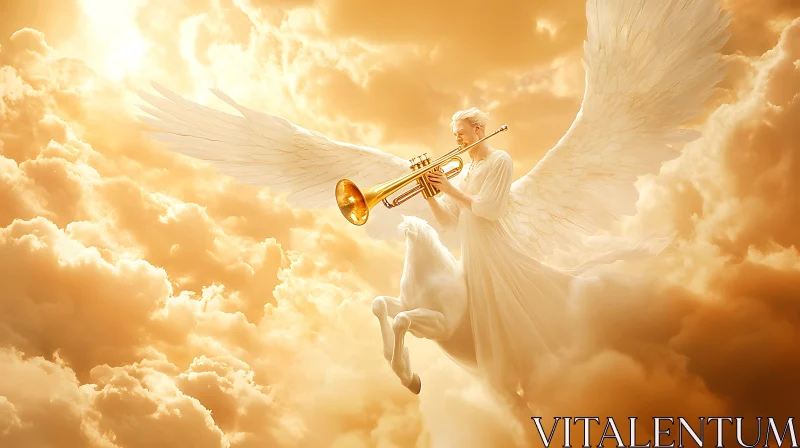 AI ART Angel Pegasus Trumpet Golden Sky