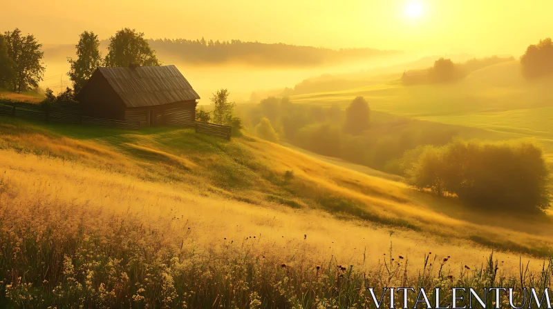 AI ART Cabin in Field at Sunrise