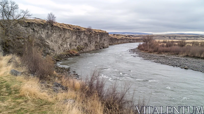 AI ART Calm River with Cliff Side and Sparse Vegetation