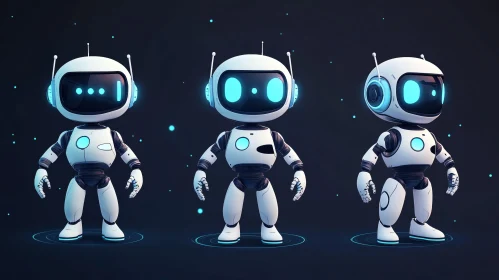 Three White Robots with Glowing Blue Screens