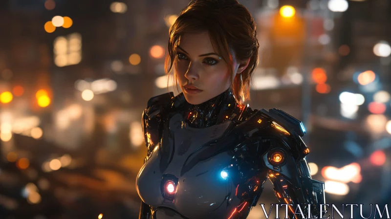 Cybernetic Woman in Urban Night Scene AI Image