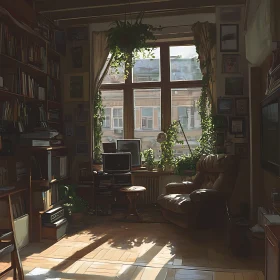 Serene Room with Bookshelf and Armchair