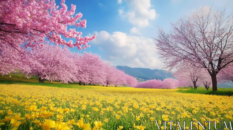 Spring Landscape with Pink and Yellow Flowers AI Image