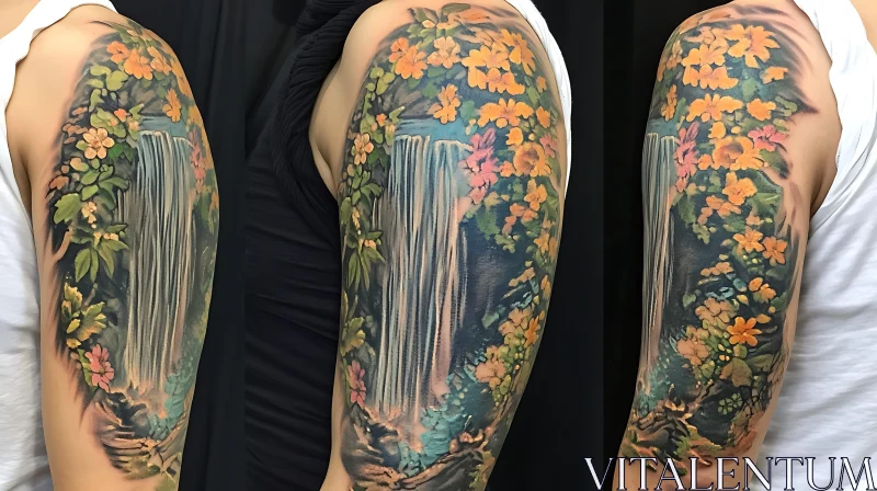 AI ART Serene Waterfall Tattoo with Vibrant Floral Design