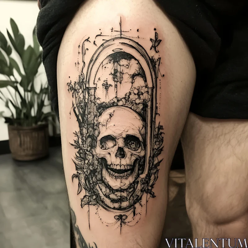 Detailed Thigh Tattoo with Skull and Floral Design AI Image