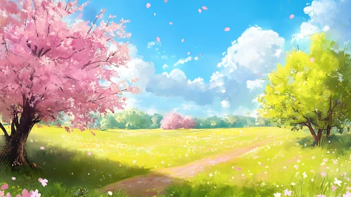 Springtime Meadow with Blossoming Trees