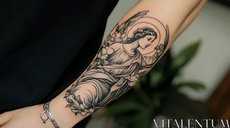 Blackwork Angel Tattoo on Arm with Floral Design AI Image