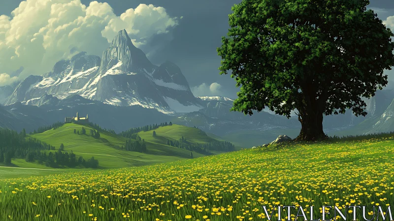 Green Meadow with Mountain View AI Image