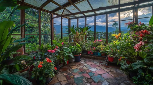 Lush Greenhouse Interior with Potted Plants