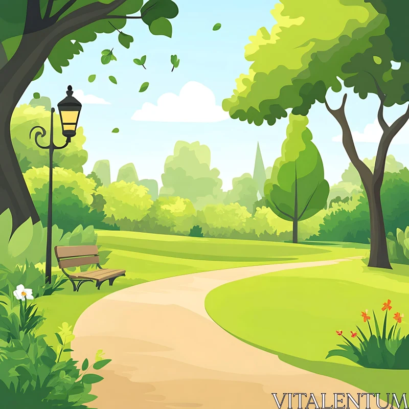 Peaceful Park Illustration with Winding Path AI Image