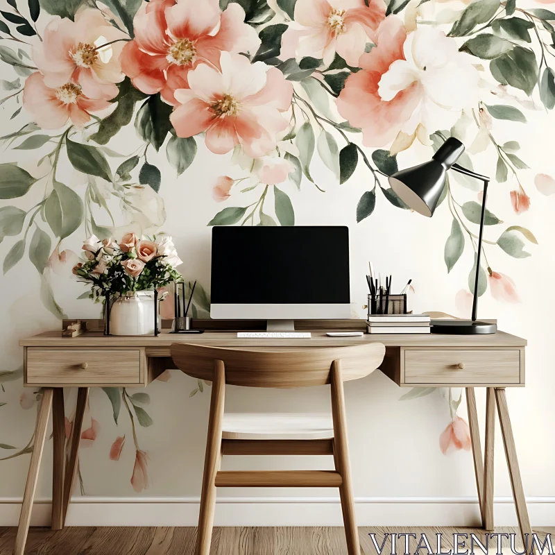 AI ART Floral Wallpaper Desk Setup