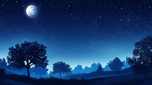 Night Landscape with Moon and Stars