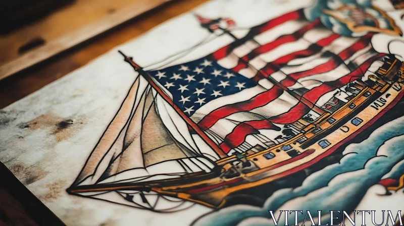 Ship Tattoo with American Flag AI Image