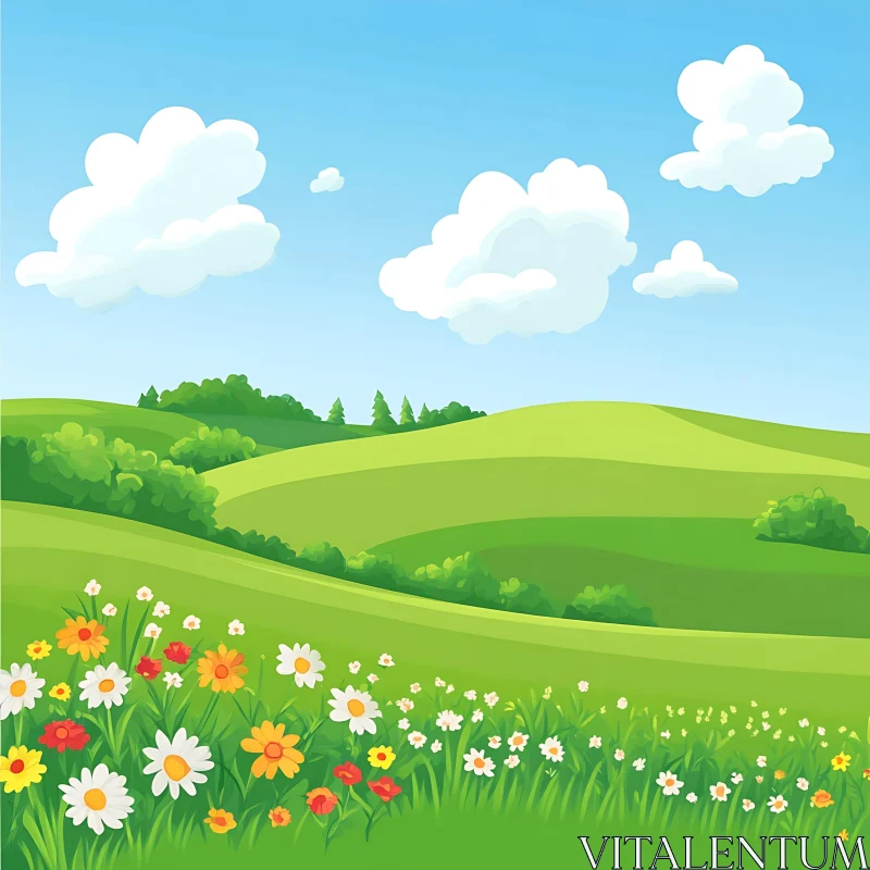 Scenic Cartoon Landscape with Wildflowers AI Image