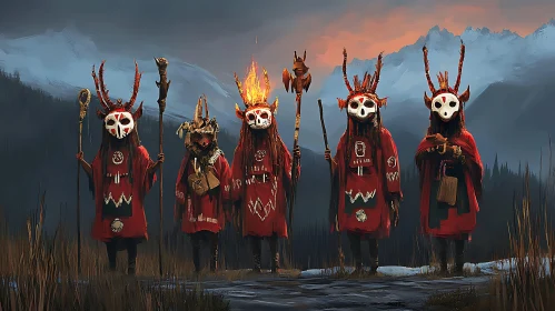 Solemn Figures in Masks and Red Robes