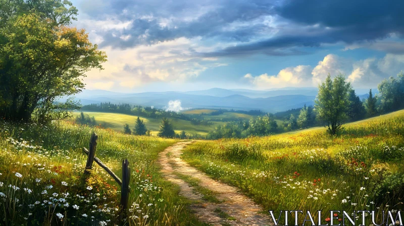 Tranquil Path Through Wildflower Meadow AI Image