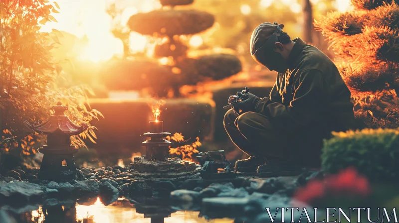 Contemplative Moment at Dusk in Zen Garden AI Image