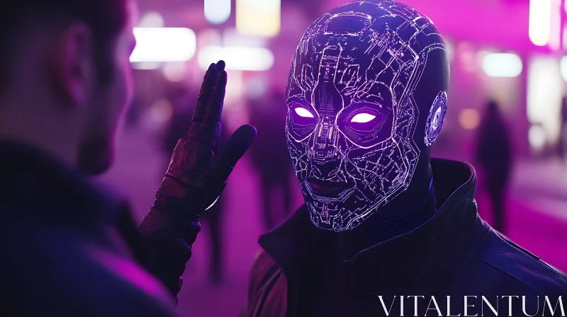 Neon-Lit Cyborg and Human in Futuristic Cityscape AI Image