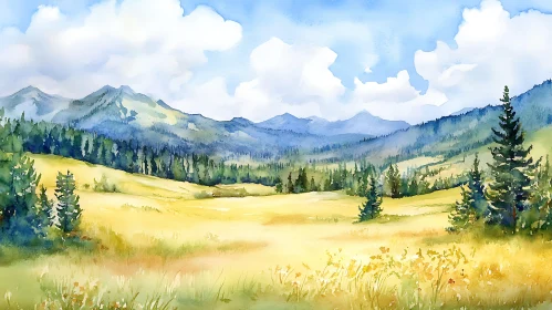 Peaceful Watercolor Mountain View Art Print