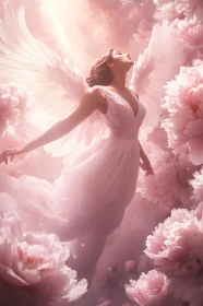 Angel with Wings Among Pink Flowers