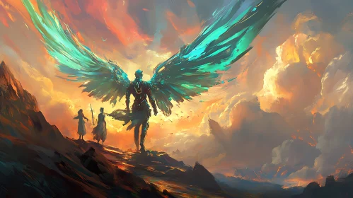 Winged Guardian at Sunset: A Fantasy Scene