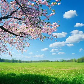 Spring Meadow with Blossoming Tree