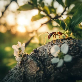 Ant on Tree with Blossoms and Sunset