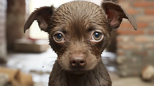 Captivating Image of a Wet Dark Brown Puppy in Cultural Meld