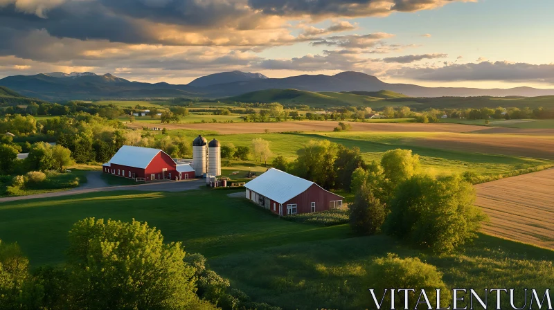 Rural Farm with Mountain Backdrop AI Image