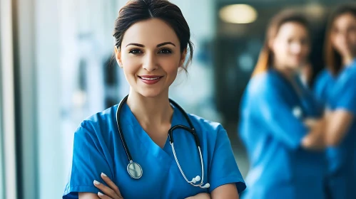 Portrait of a Caring Nurse in Blue Scrubs