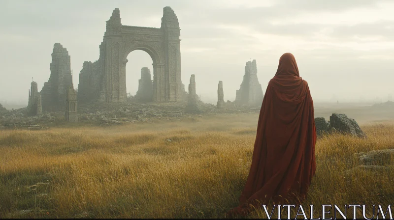 Figure in Red Cloak Overlooking Ruins AI Image