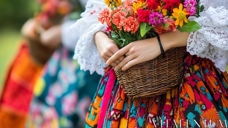 AI ART Woman with Flowers in Woven Basket