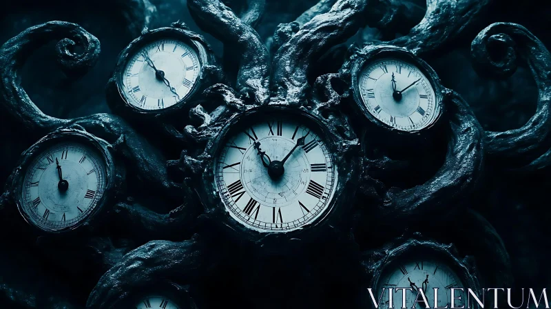 Antique Clocks Entwined in a Dark Dance AI Image